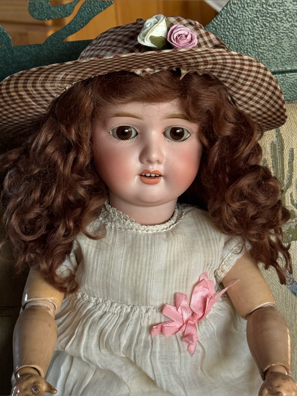 Antique Doll German Schoenau & Hoffmeister Bisque Mohair Wig Antique Dress NICE!